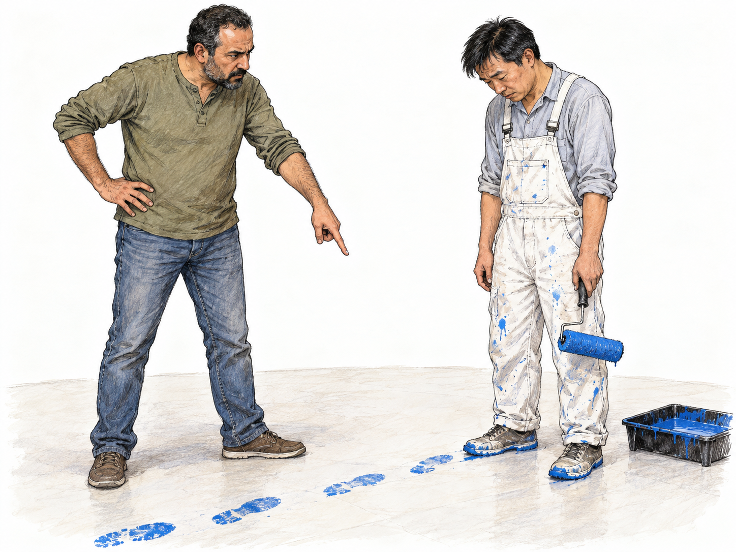 A displeased homeowner reproaches a painter for conspicuous paint tracked across the floor: he points firmly at the footprints while the painter looks down with a chastened expression.