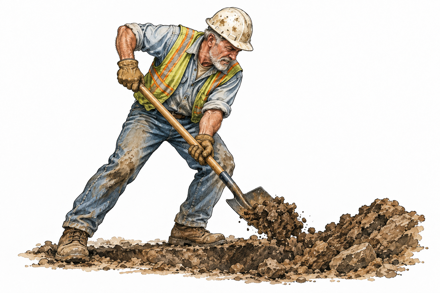 White older construction worker uses shovel to dig heavy soil, effort clear.