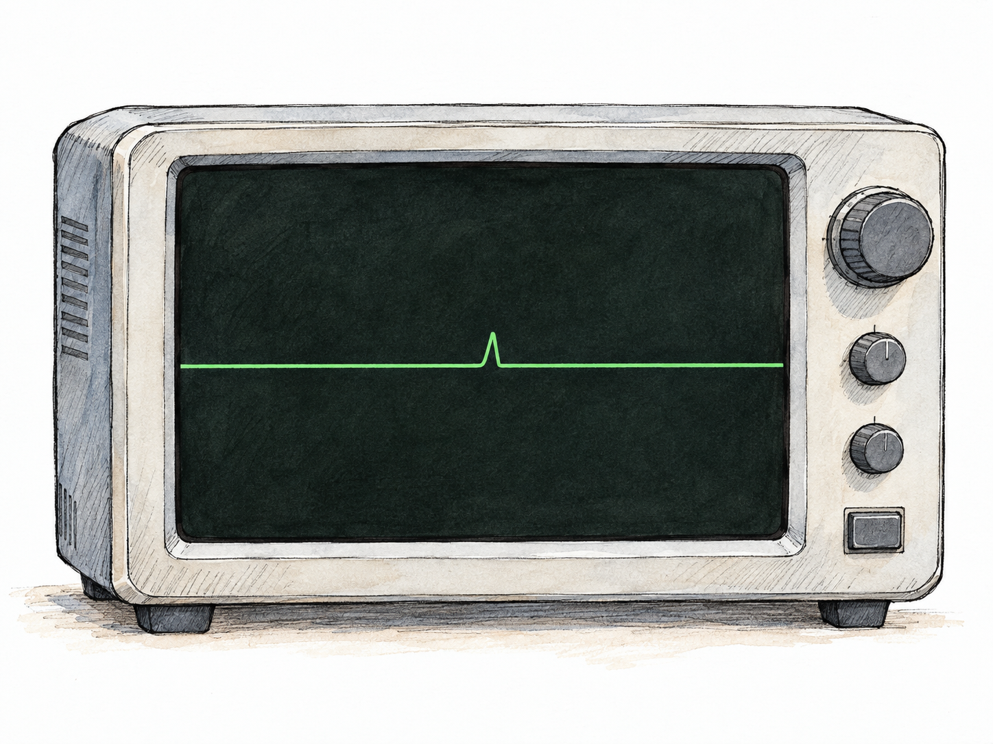 A simple electronic signal monitor displays one small, narrow pulse interrupting an otherwise long, flat trace, making a brief minor signal immediately visible.