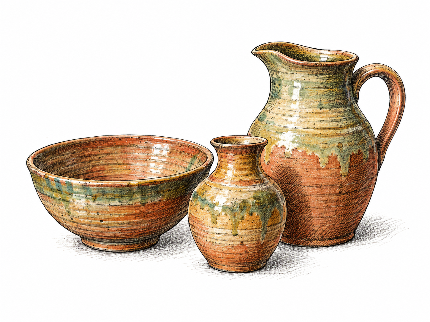 Three finished fired-clay pottery pieces: bowl, small vase and pitcher, earthy glaze and visible wheel rings, isolated arrangement.