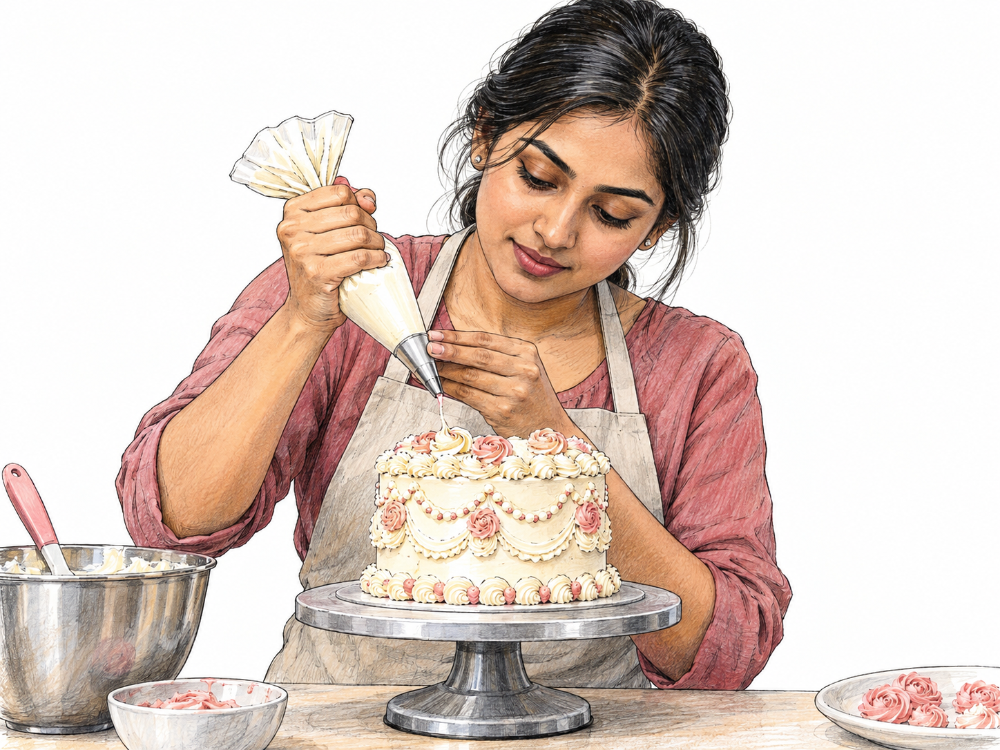 A skilled cake decorator pipes a precise, delicate icing pattern, with completed sections visibly demonstrating her proficiency.