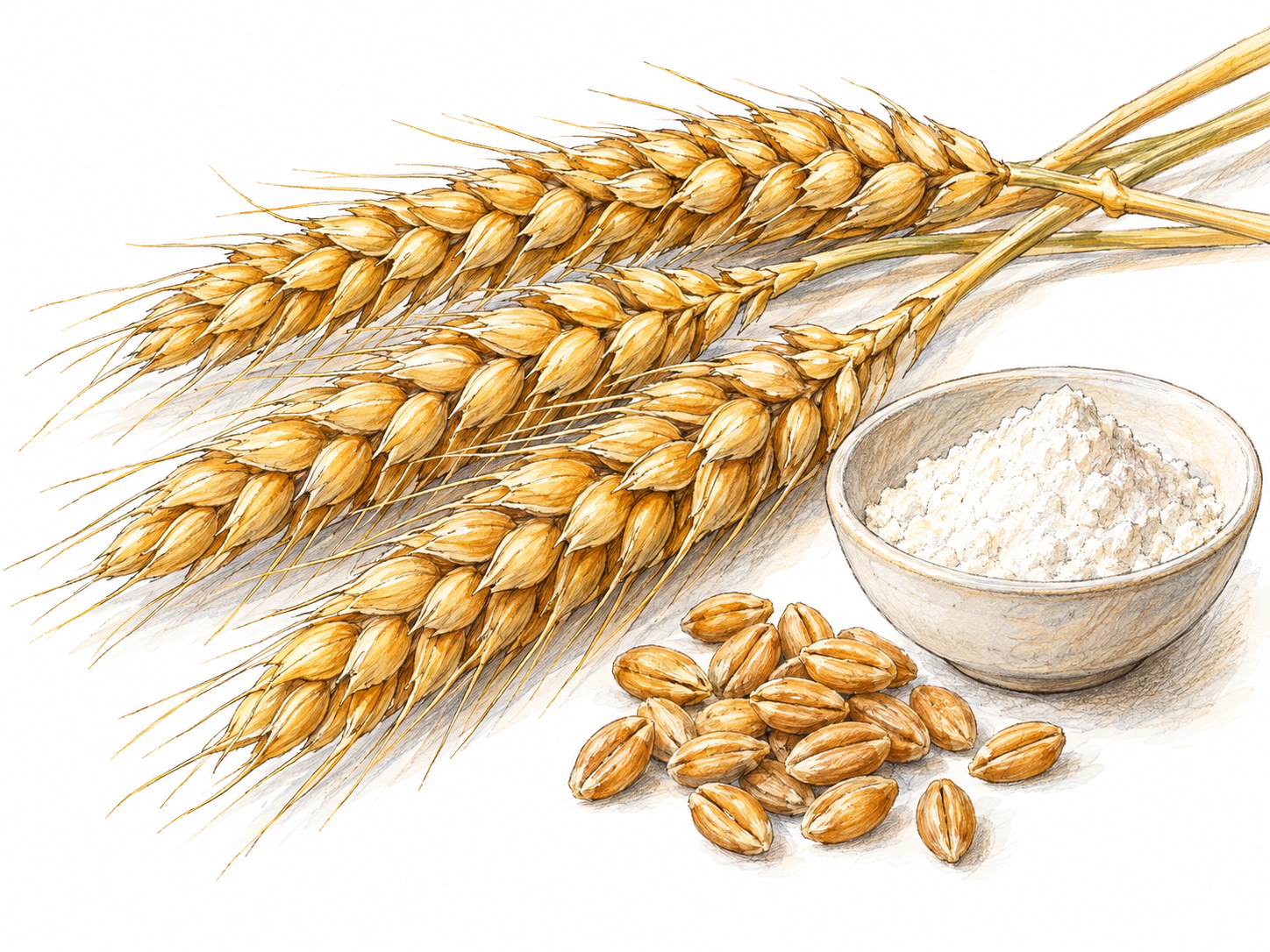 A small bundle of ripe wheat ears beside loose wheat kernels and a shallow bowl of flour, with the distinctive grain heads as the dominant subject.