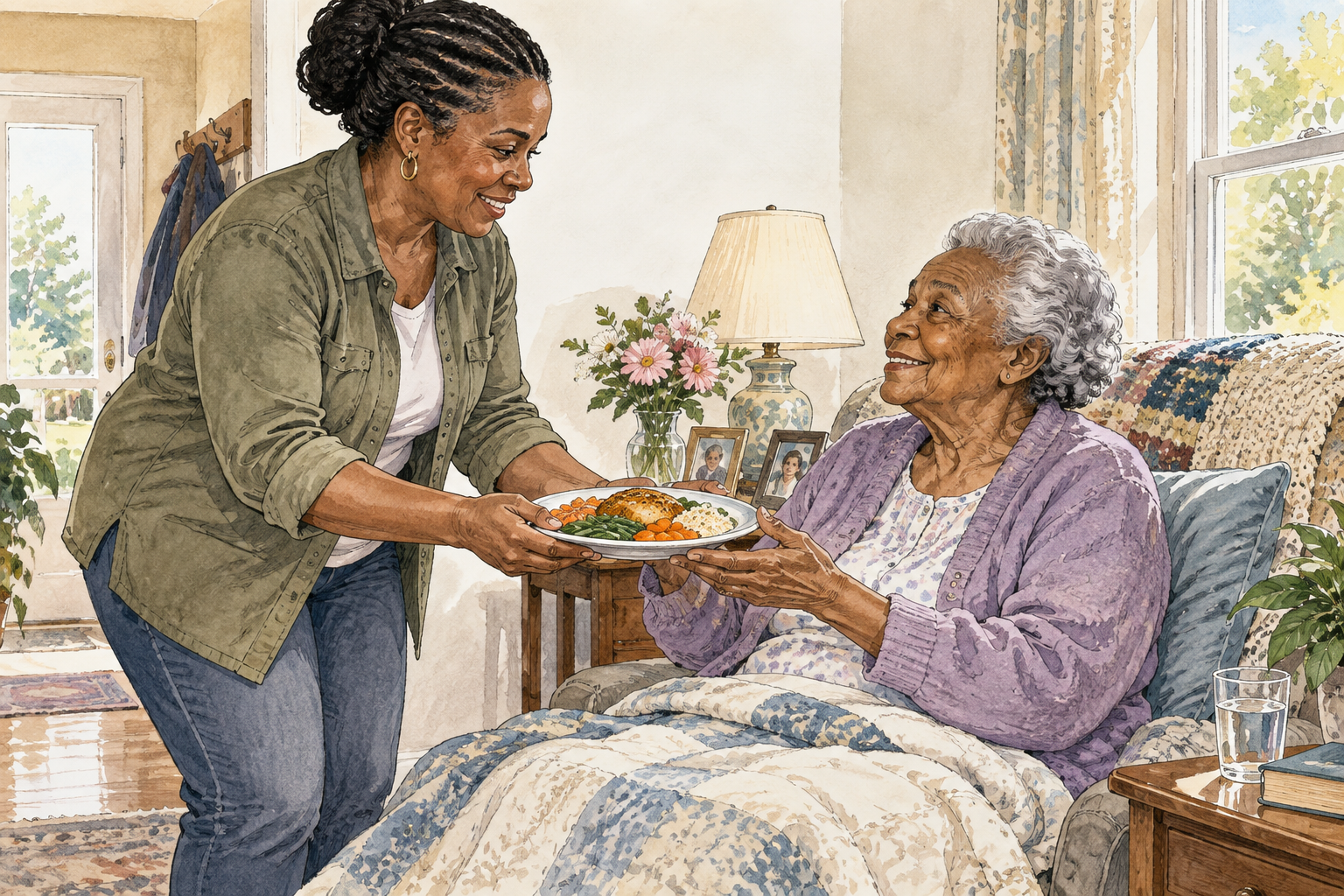 An adult reliably cares for an elderly relative by bringing a meal at the agreed time, sense of duty and responsibility, no text.