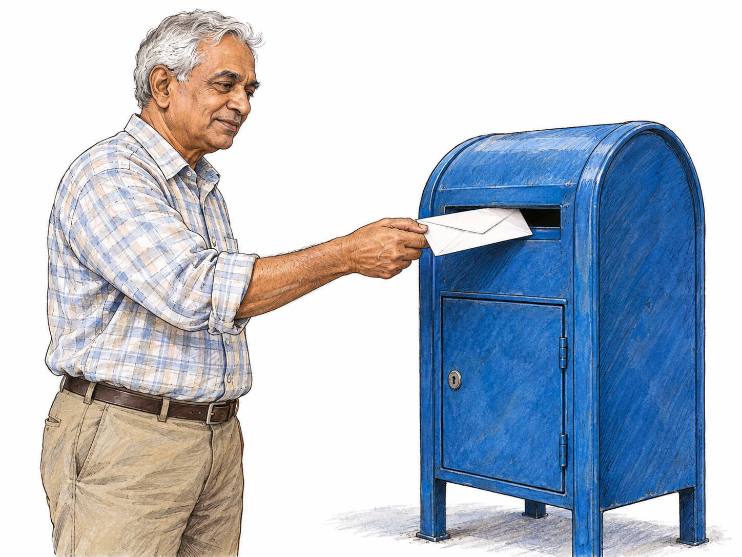 An older man sends a sealed envelope by pushing it through the outgoing slot of a freestanding postal collection box.