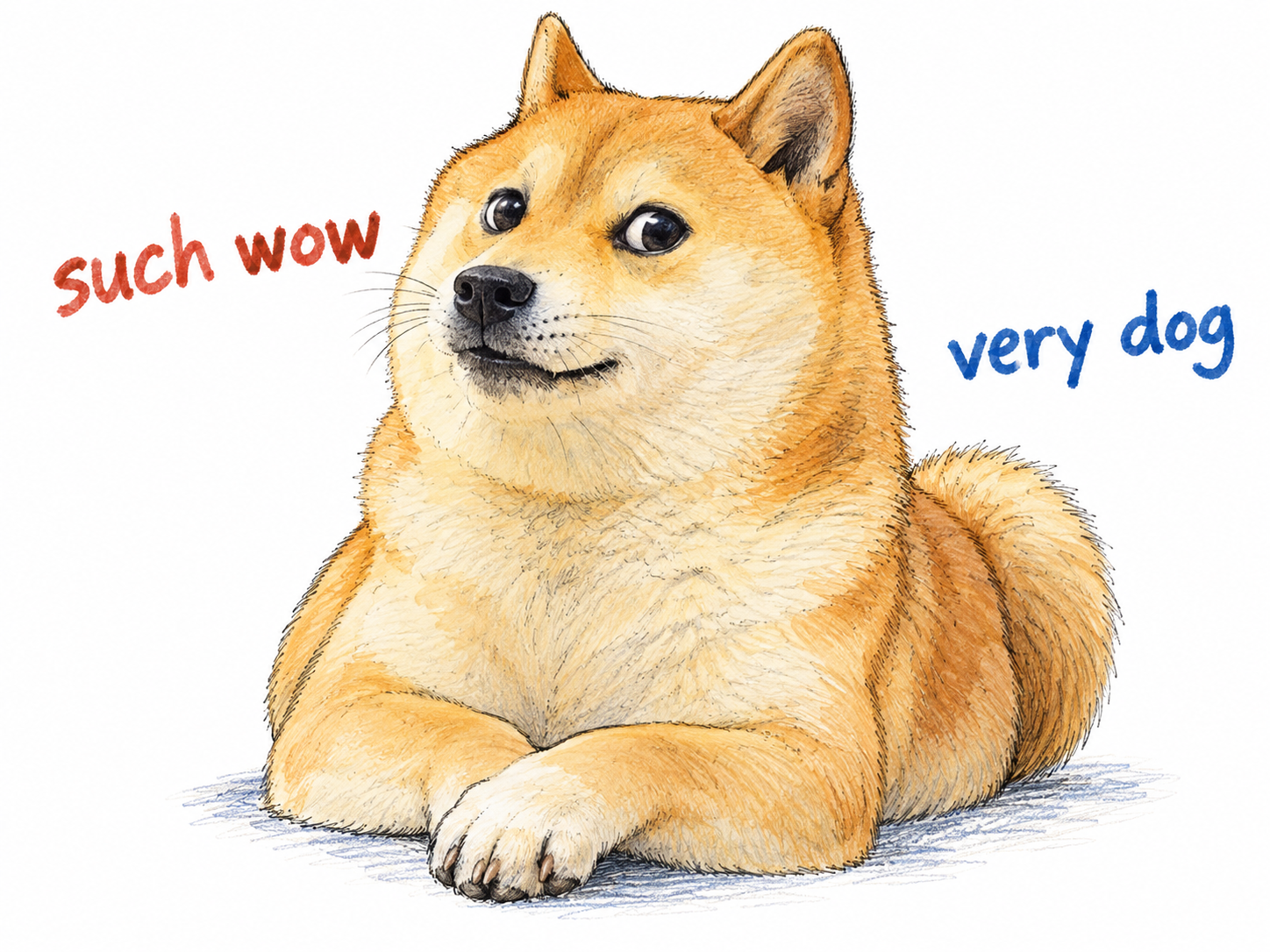 A clearly hand-drawn tan Shiba Inu sits with a sideways amused glance, recreating the visual language of the Internet meme without a photographic look.