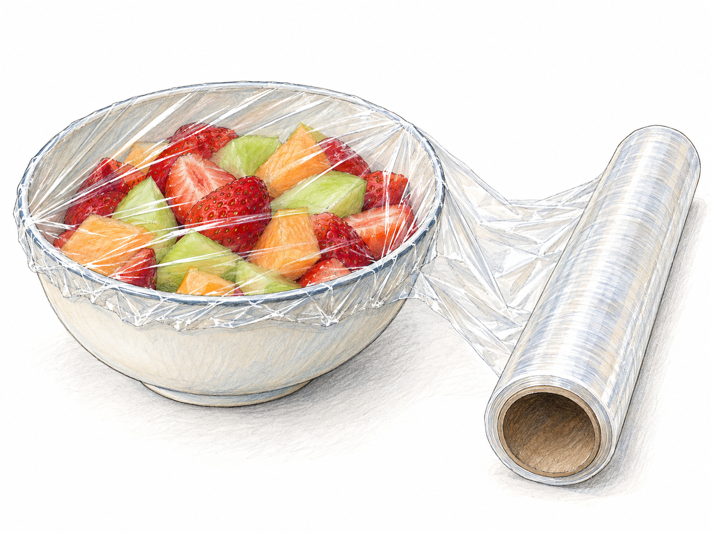 A transparent plastic film roll beside a bowl of cut fruit, with a continuous sheet stretched across the bowl rim and visibly clinging around its edges.