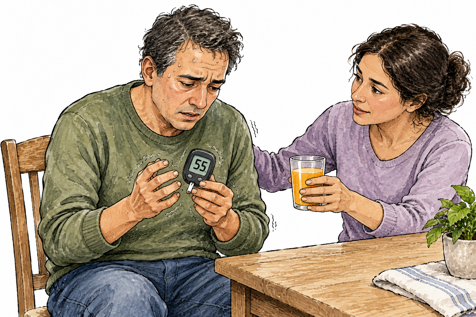 An adult with shaky hands and sweating sits while checking a glucose meter displaying only '55'; companion offers juice, respectful non-diagnostic educational scene, no other text.