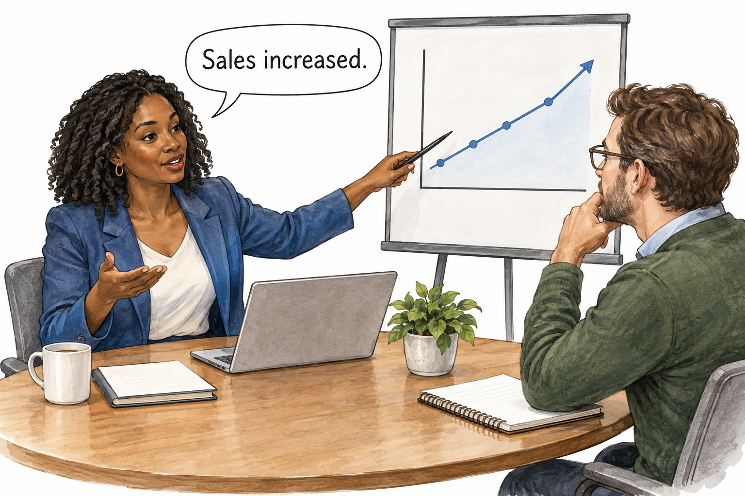 A Black woman calmly argues that a statement is true, pointing to a supporting chart.