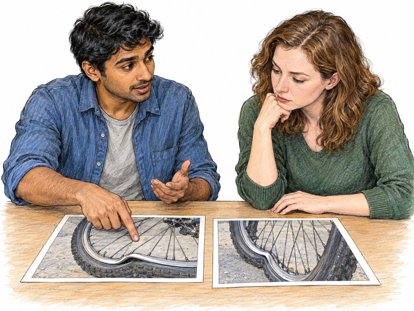 At a simple discussion table, a young man counters a young woman's claim by pointing out contradictory evidence in two photographs of the same damaged bicycle wheel, while she listens and examines the evidence.