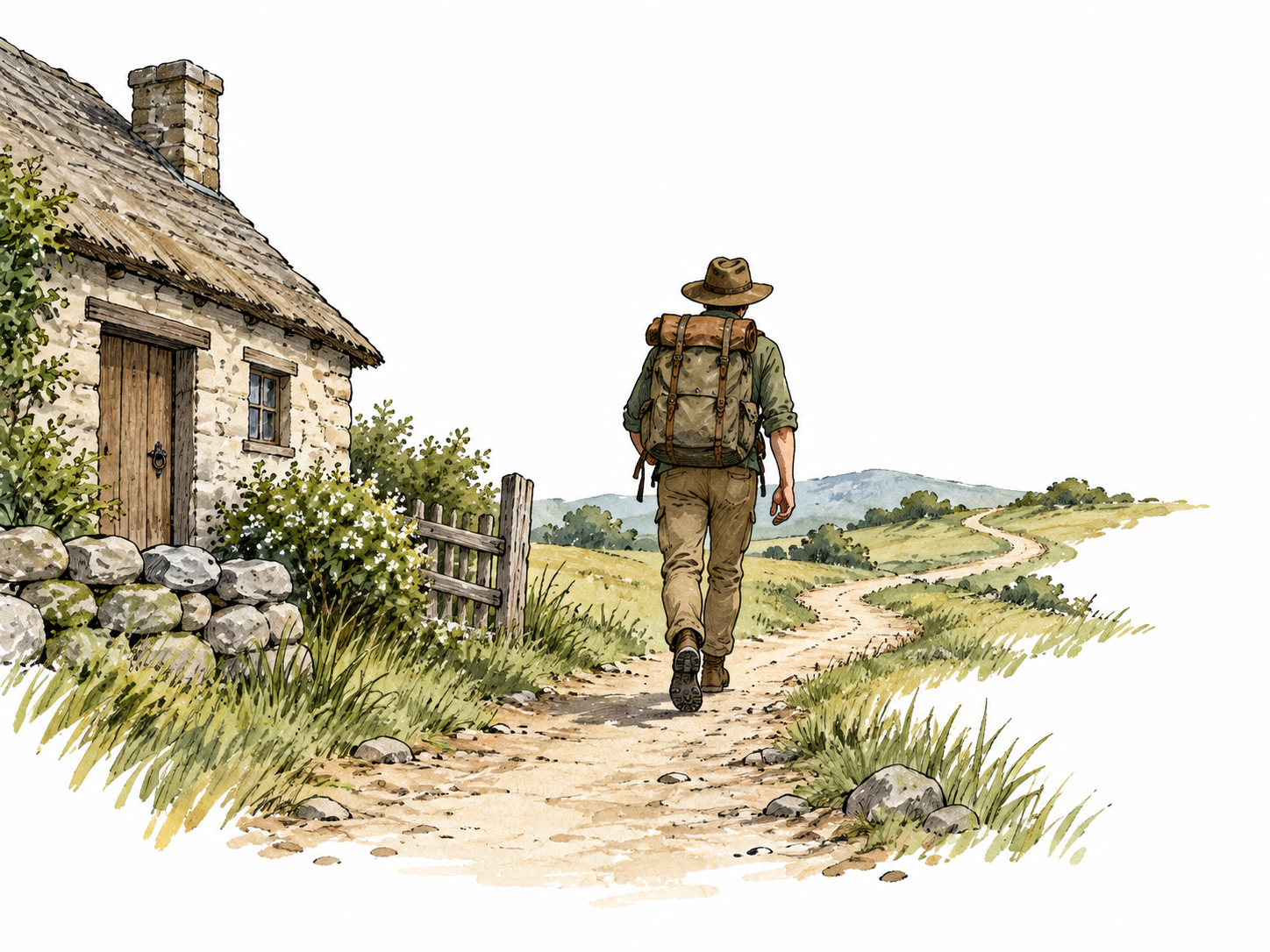 A traveler walks away from a cottage along a receding path, view from behind.
