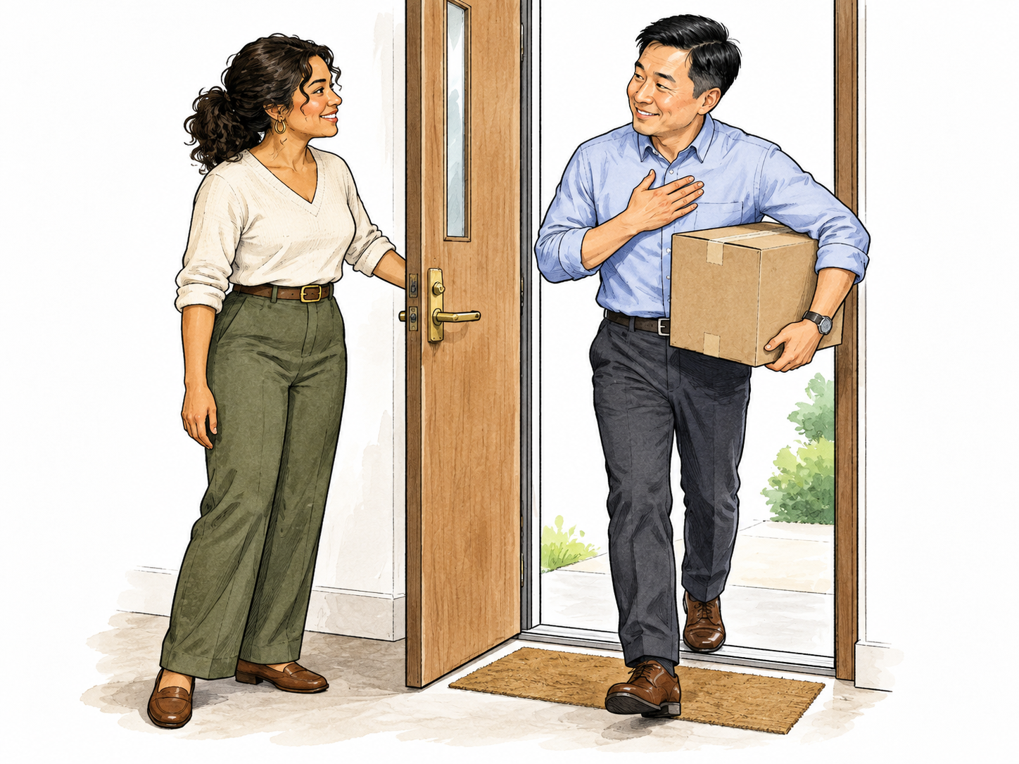 An adult holds a door for another person carrying a box, who acknowledges the courtesy with a grateful gesture.