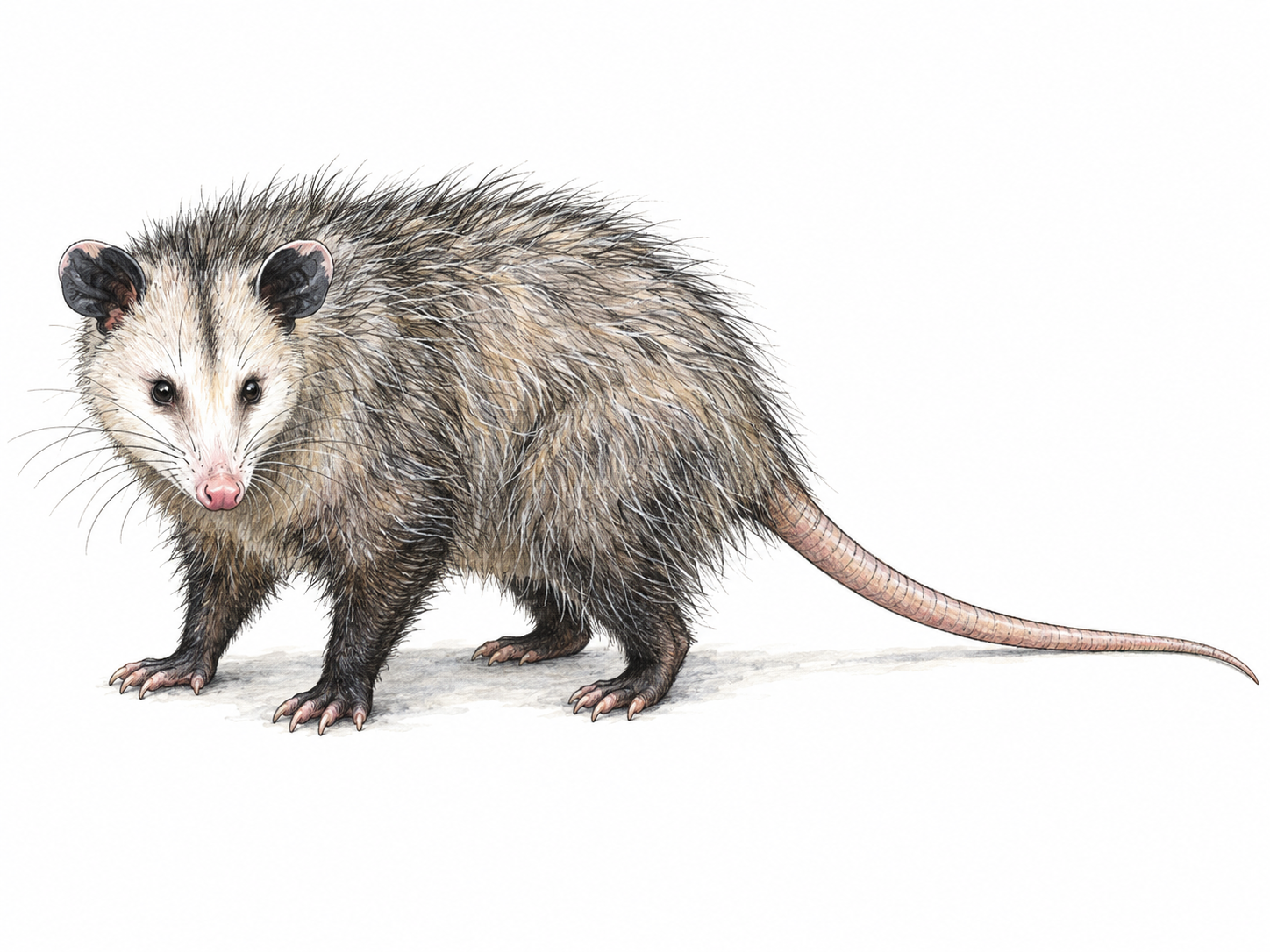 A single Virginia opossum in three-quarter side view, showing its pointed pale snout, rounded bare ears, coarse gray fur, and long hairless tail.
