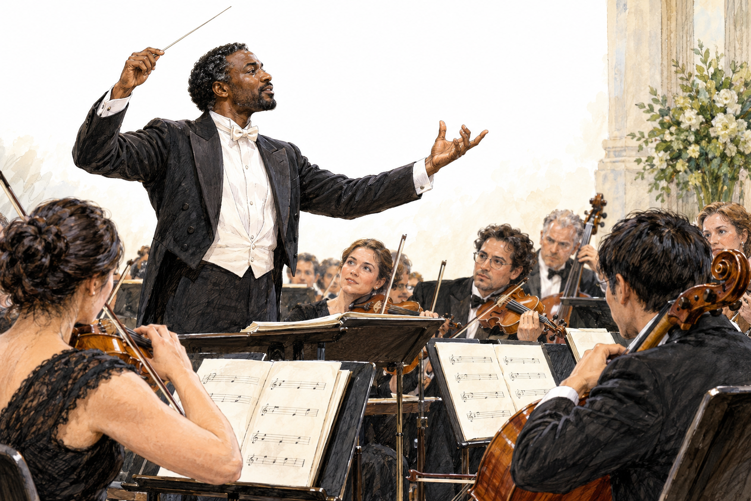A Black male conductor in formal concert clothing directs an orchestra with raised baton and expressive free hand, musicians watch attentively, viewed from their side so his face and guiding gesture are clear.