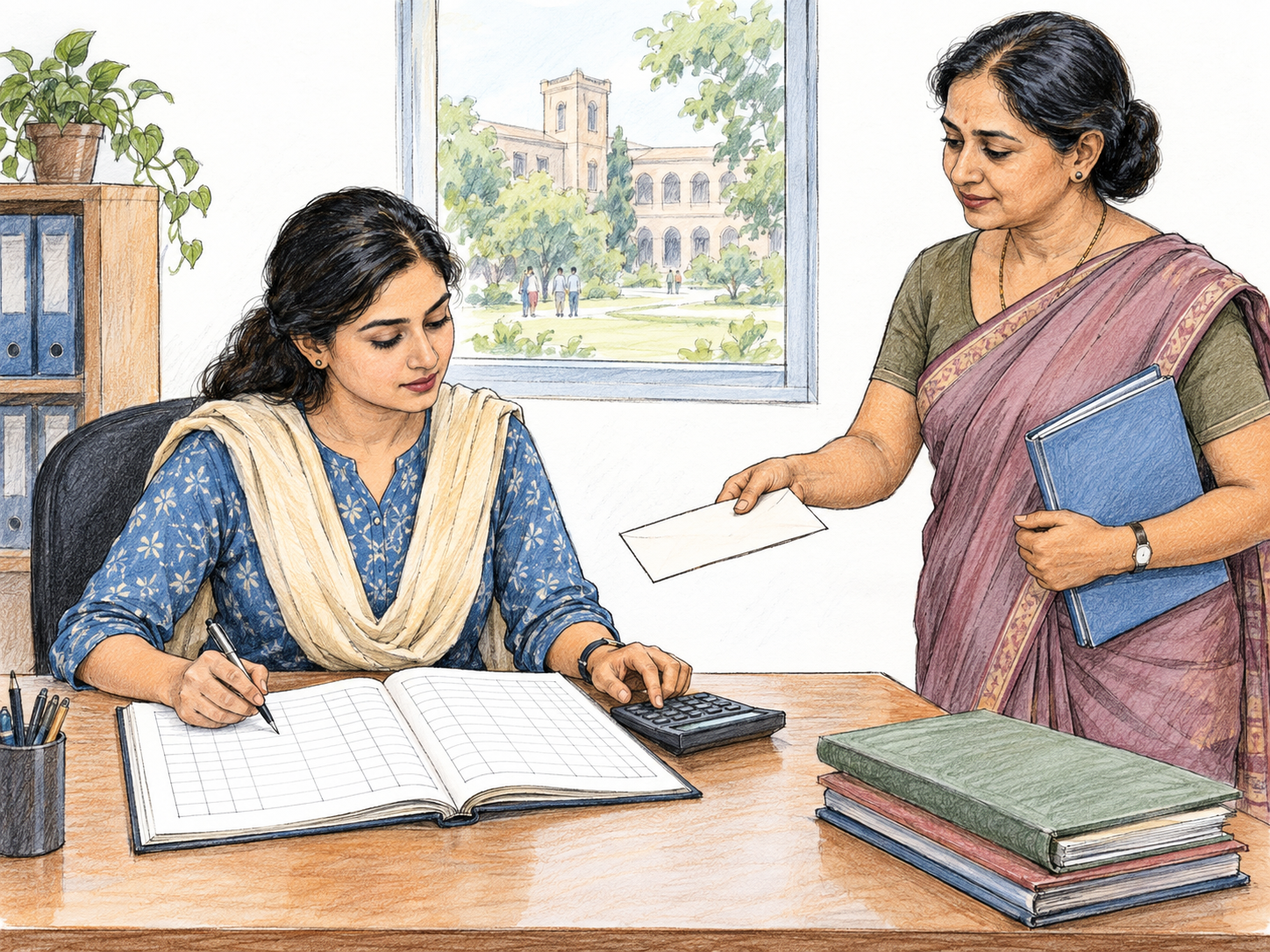 A young adult South Asian woman serving as a college bursar checks a payment ledger against a calculator while a middle-aged South Asian woman colleague hands her a payment envelope.