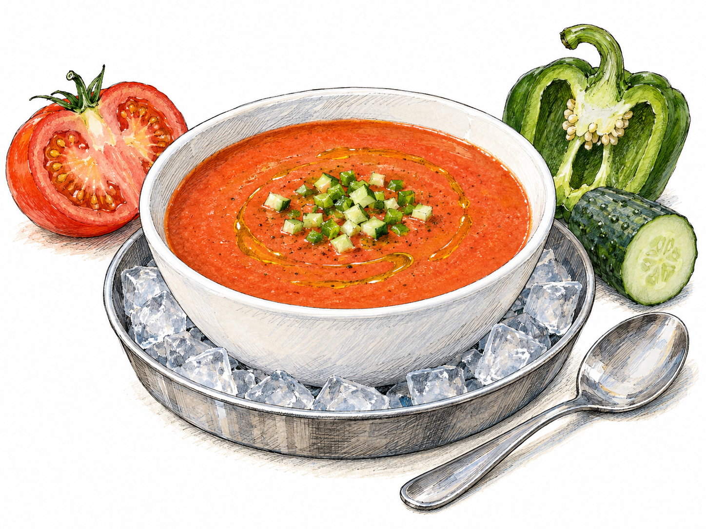 A generous bowl of smooth tomato-red gazpacho, garnished with finely diced cucumber and pepper, sits in a shallow ice-filled serving tray.
