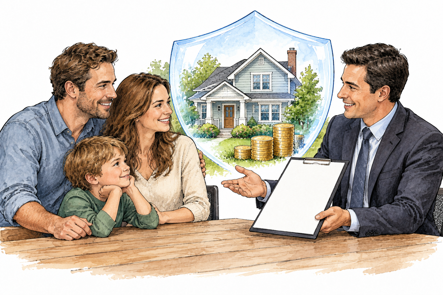 An insurance representative offers a blank policy document protecting a family's house, small visual shield encloses the home and coins, no text.