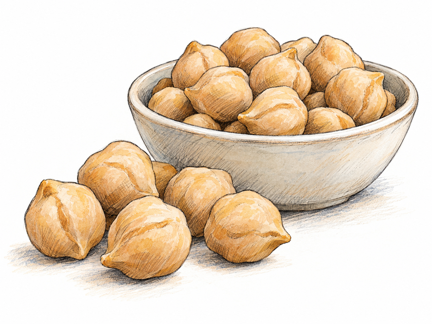A small cluster of beige chickpeas beside a shallow plain bowl of the same beans, with their distinctive rounded, slightly lobed shapes, pointed beaks, and creased surfaces clearly visible.