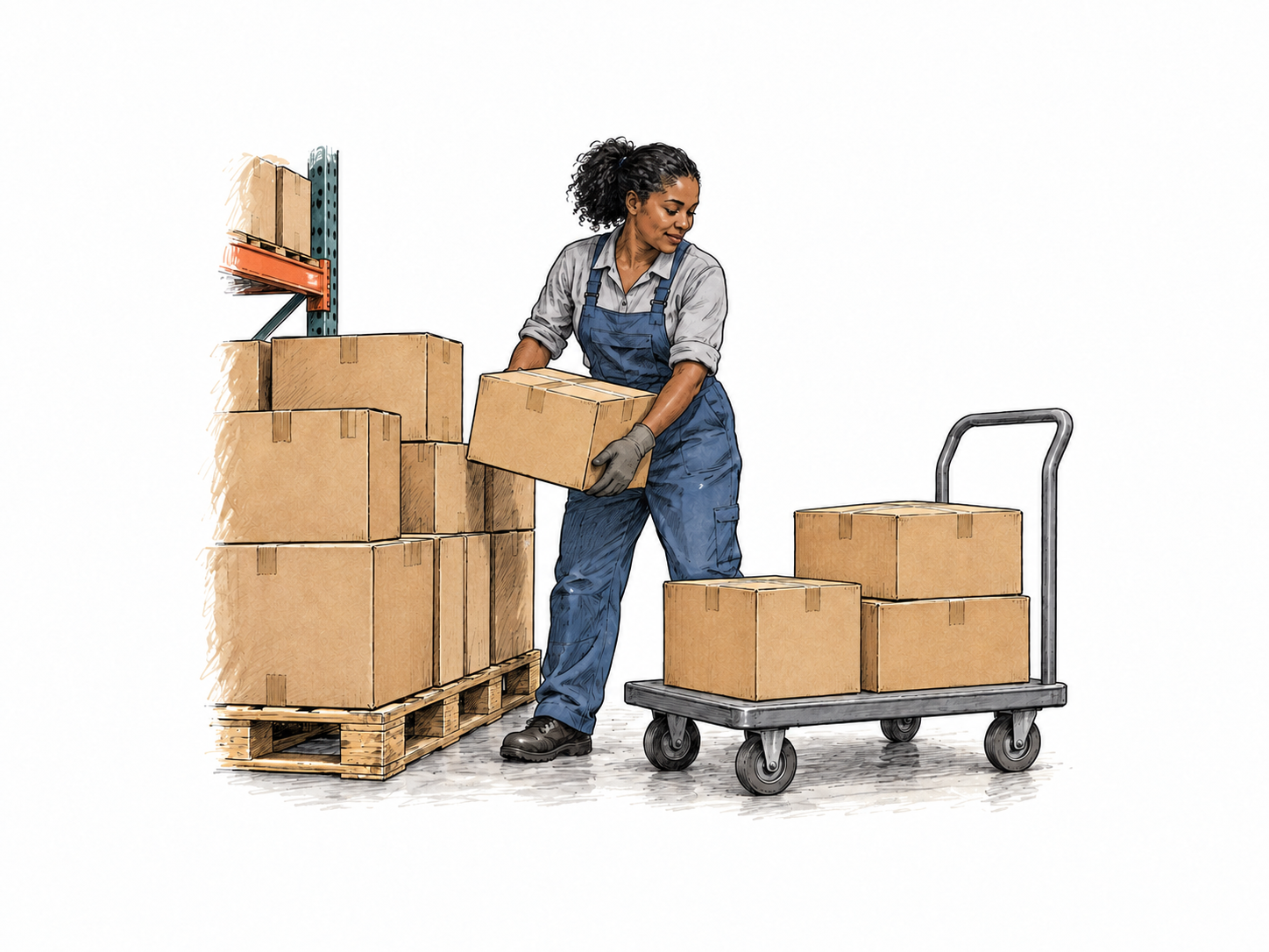 Warehouse worker transfers boxes from storage pallet onto a delivery cart for shops, simple supply context.