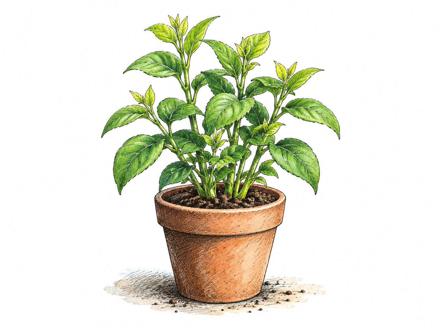 Healthy young potted plant thrives with strong upright stems, abundant fresh leaves and new shoots; vigor and growth clear without exaggerated giant plant.