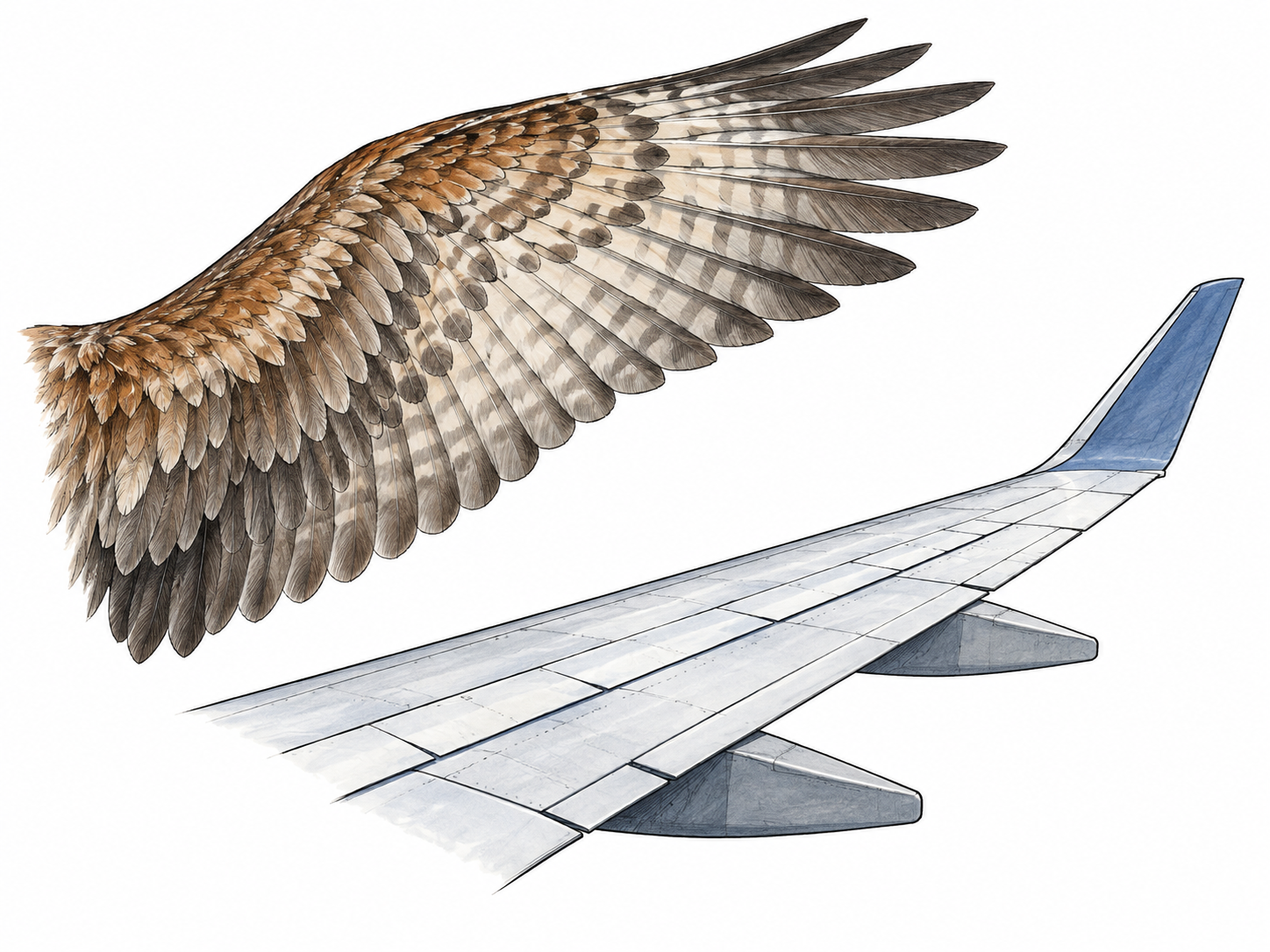 Bird wing and aircraft wing shown side by side at matching angle, natural feathered wing and engineered wing clearly share lifting function; each isolated on white, no sky or airport.