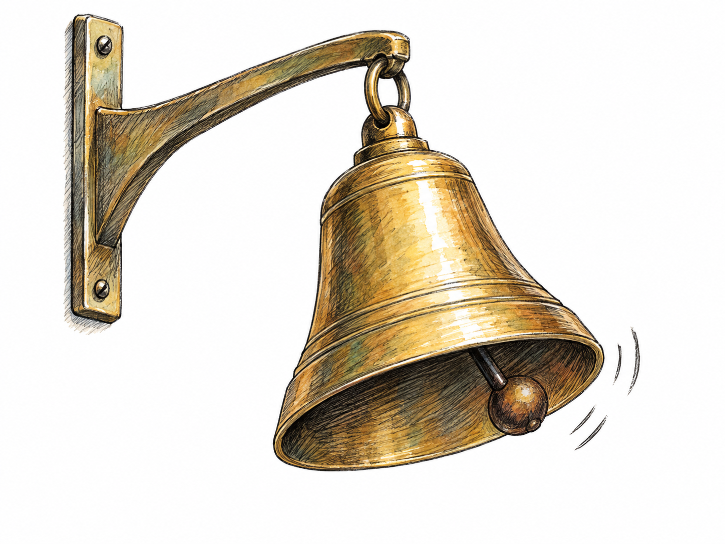 A small hanging brass bell caught ringing, with its clapper touching the inner rim, the bell tilted slightly, and a few restrained vibration strokes emphasizing the sound.