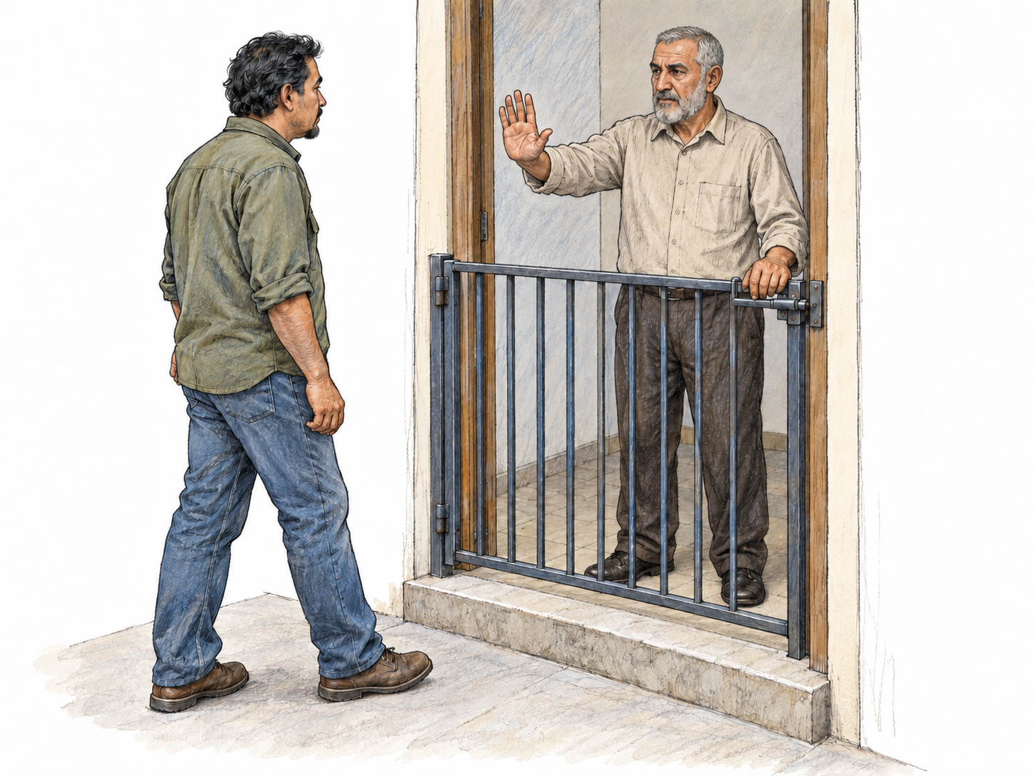 A doorway attendant keeps a visitor outside by holding a waist-high gate closed across the entrance and raising an unmistakable stop palm toward him.
