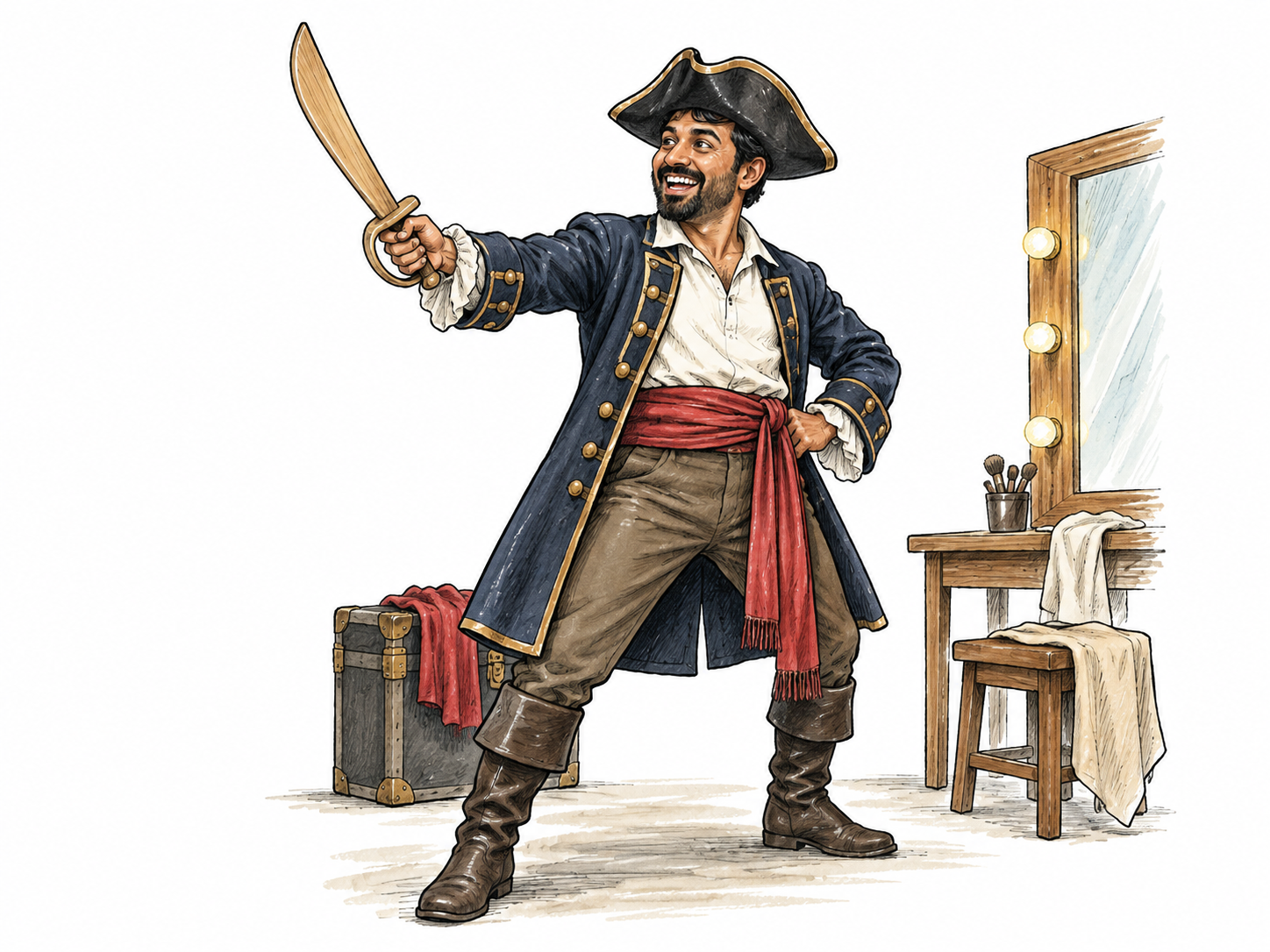 An adult wears a handmade pirate costume with plain tricorn hat, sash and costume coat, holding a harmless wooden prop; neutral dressing-room context, no skull logo or letters.