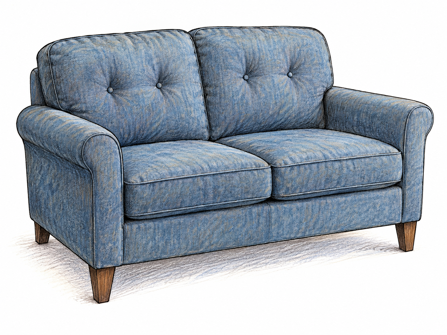 A modest two-seat upholstered settee with a padded back, two seat cushions and short wooden legs, presented at a clear three-quarter angle on white ground.