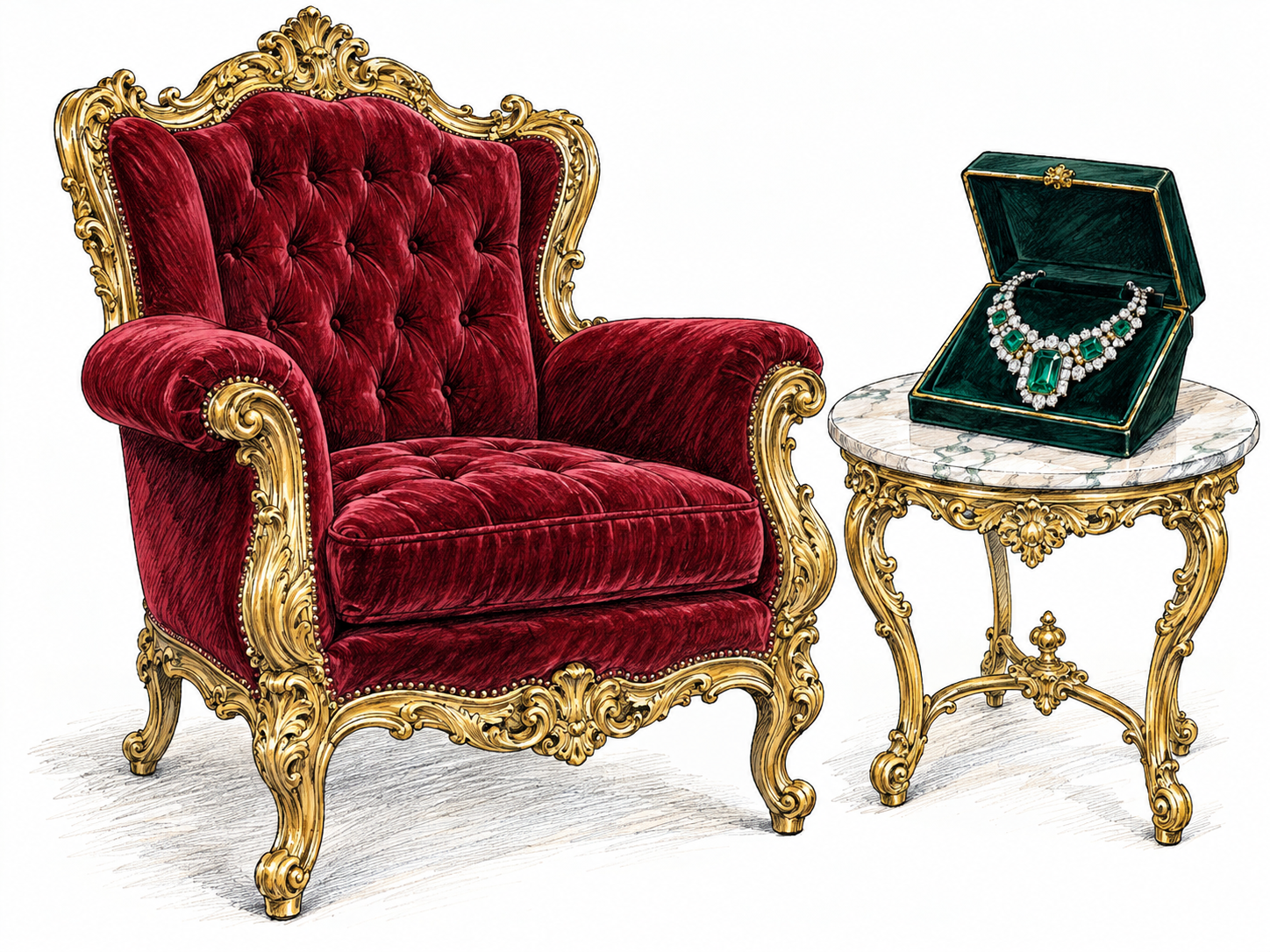 An extravagant gilded armchair upholstered in deep burgundy velvet, beside a small marble-topped gilt table displaying an open jewel case with a substantial emerald-and-diamond necklace.