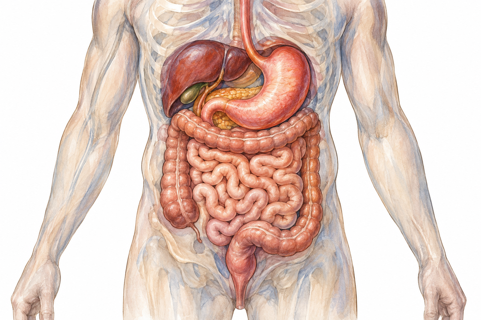 A clear anatomical stomach and intestinal tract emphasized within a translucent adult torso silhouette, digestive organs only in focus, no text.