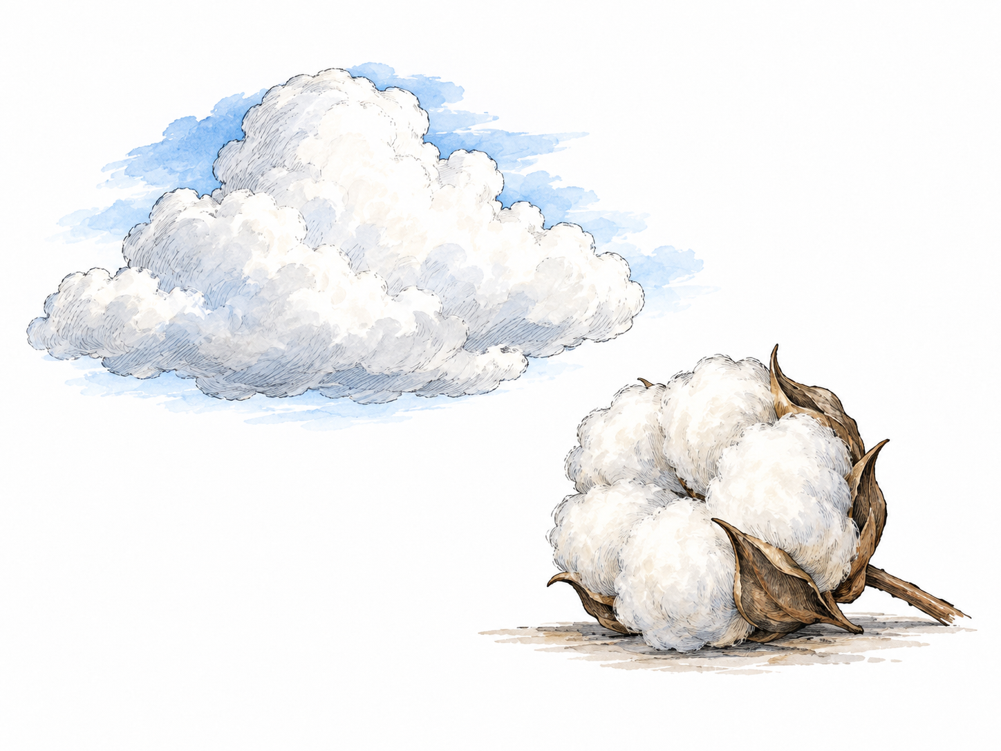 A soft white cloud beside a tuft of cotton, visually comparing unlike things with a shared fluffy appearance.