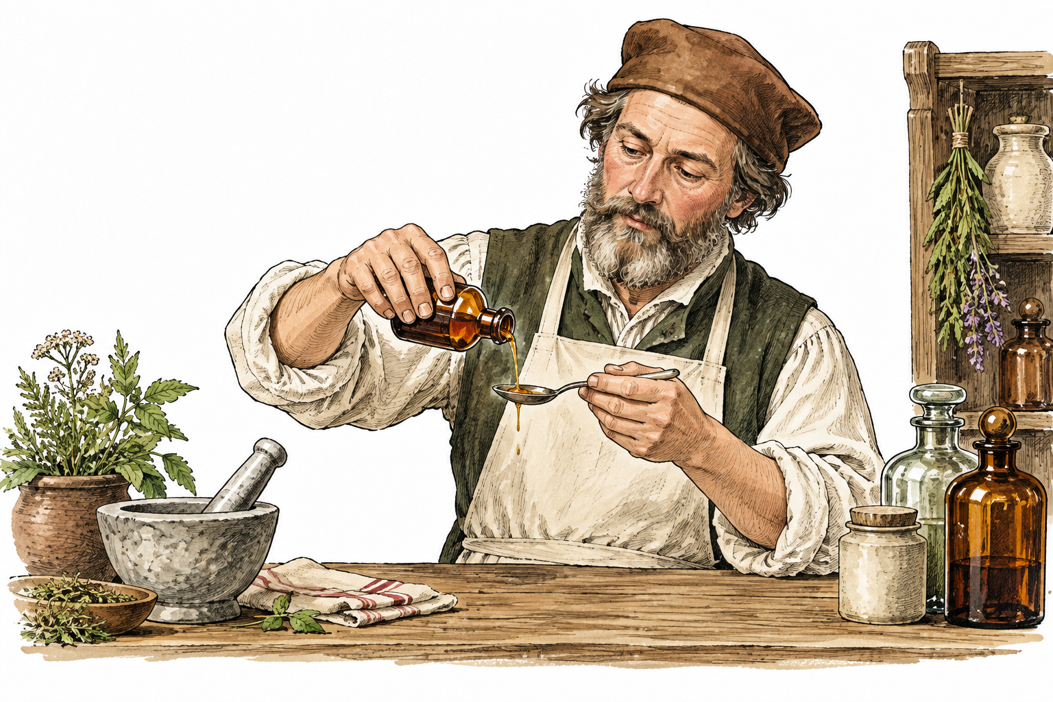 Historical apothecary dispenses a small measure of medicine from simple bottle into spoon, no labels.
