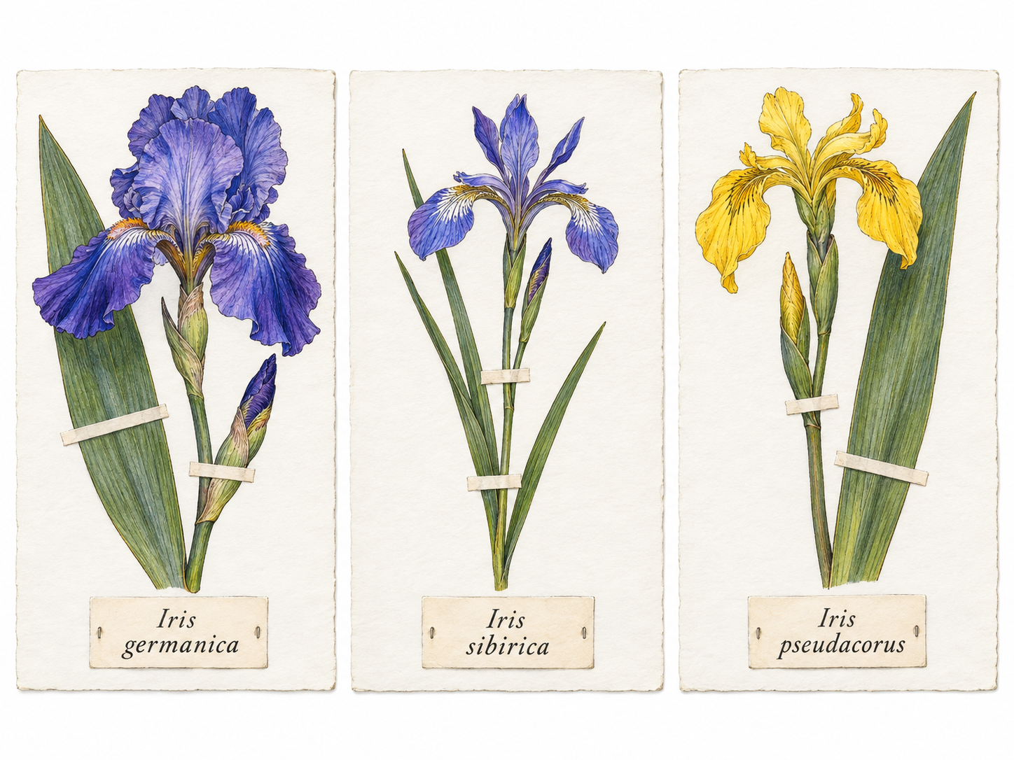Botanical nomenclature shown through three recognizable iris specimens with their intrinsic scientific-name tags.