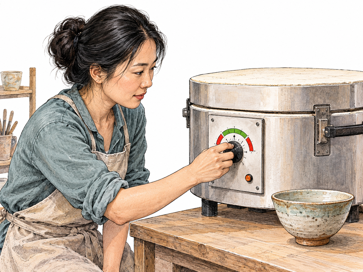 Hands adjusting the temperature-limit dial of a small kiln; dial has clear bounded green operating band between two red end zones, pointer inside band; closed compact kiln and one clay bowl establish controlled operation.