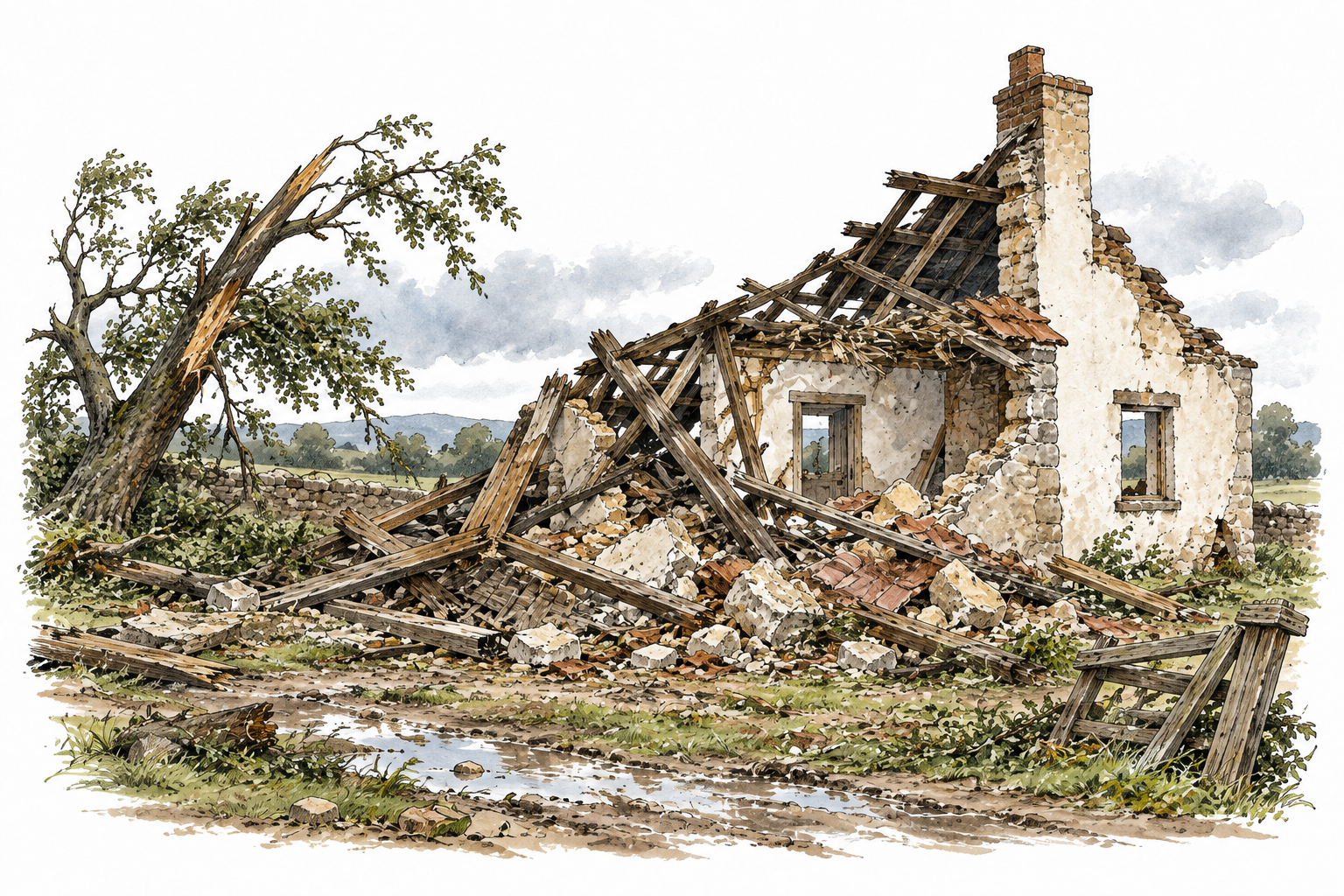 A ruined house reduced to broken beams and rubble after a storm, quiet aftermath, no casualties.
