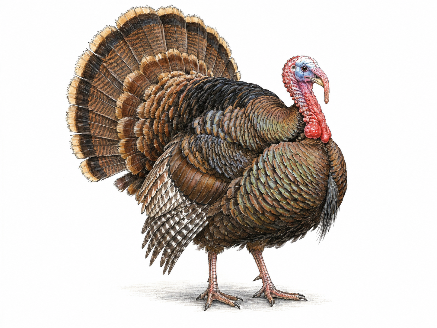 A single live domestic turkey in clear three-quarter side view, with a heavy body, broad fanned tail, bare reddish head, snood and wattle.