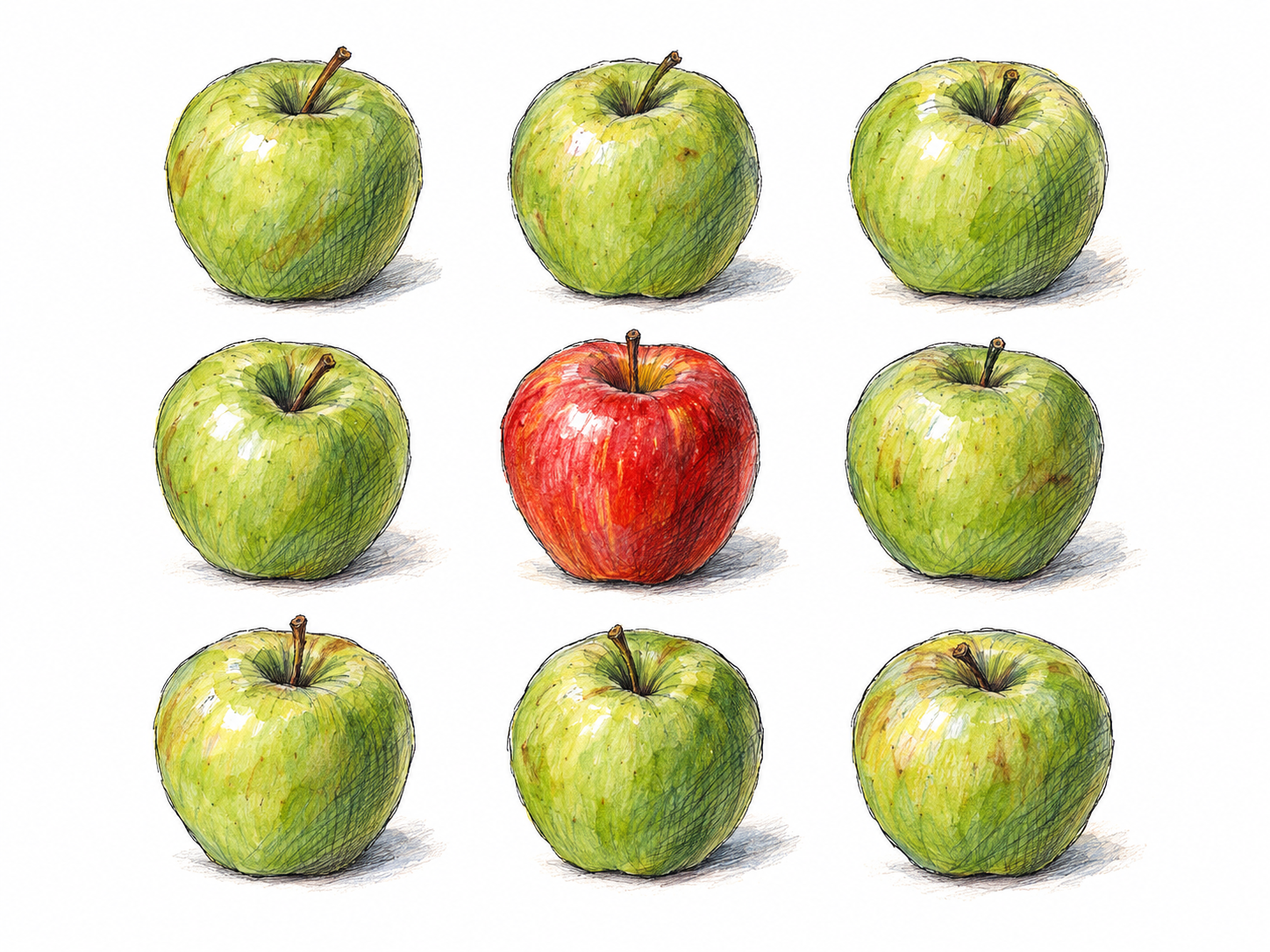 One bright red apple stands out immediately among a small, orderly group of green apples, making the visibly different item effortless to recognize.