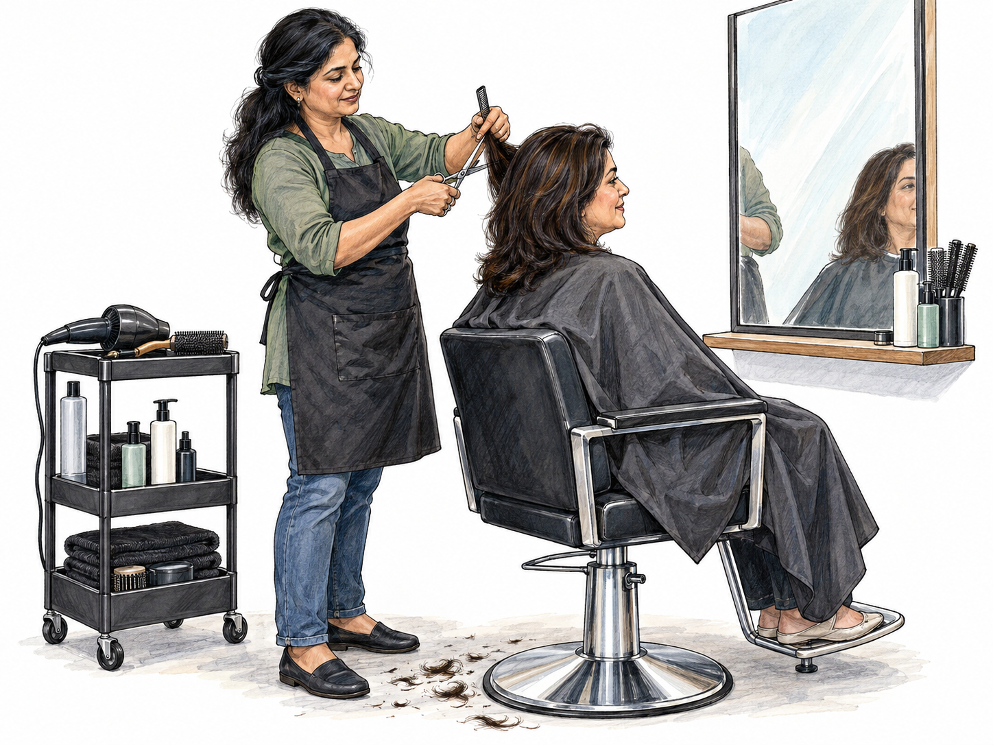 A professional hair salon shown through a stylist cutting a seated customer's hair at a mirror station, with a hydraulic salon chair and wheeled tool trolley making the commercial grooming setting recognizable.
