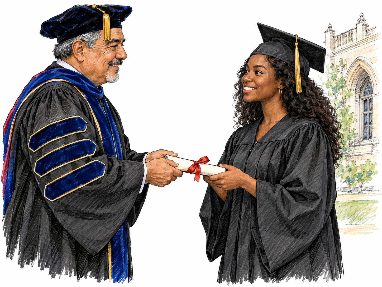 A college commencement: a professor in doctoral academic regalia presents a rolled diploma to a young adult graduate wearing a bachelor's gown and mortarboard.