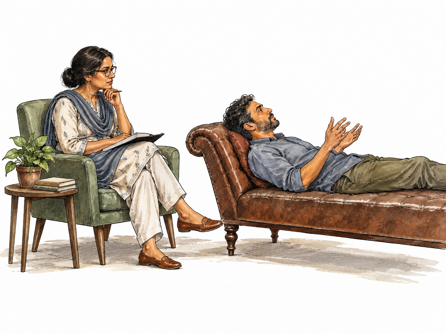A South Asian therapist listens thoughtfully to an adult client reclining comfortably on a couch, calm professional scene.