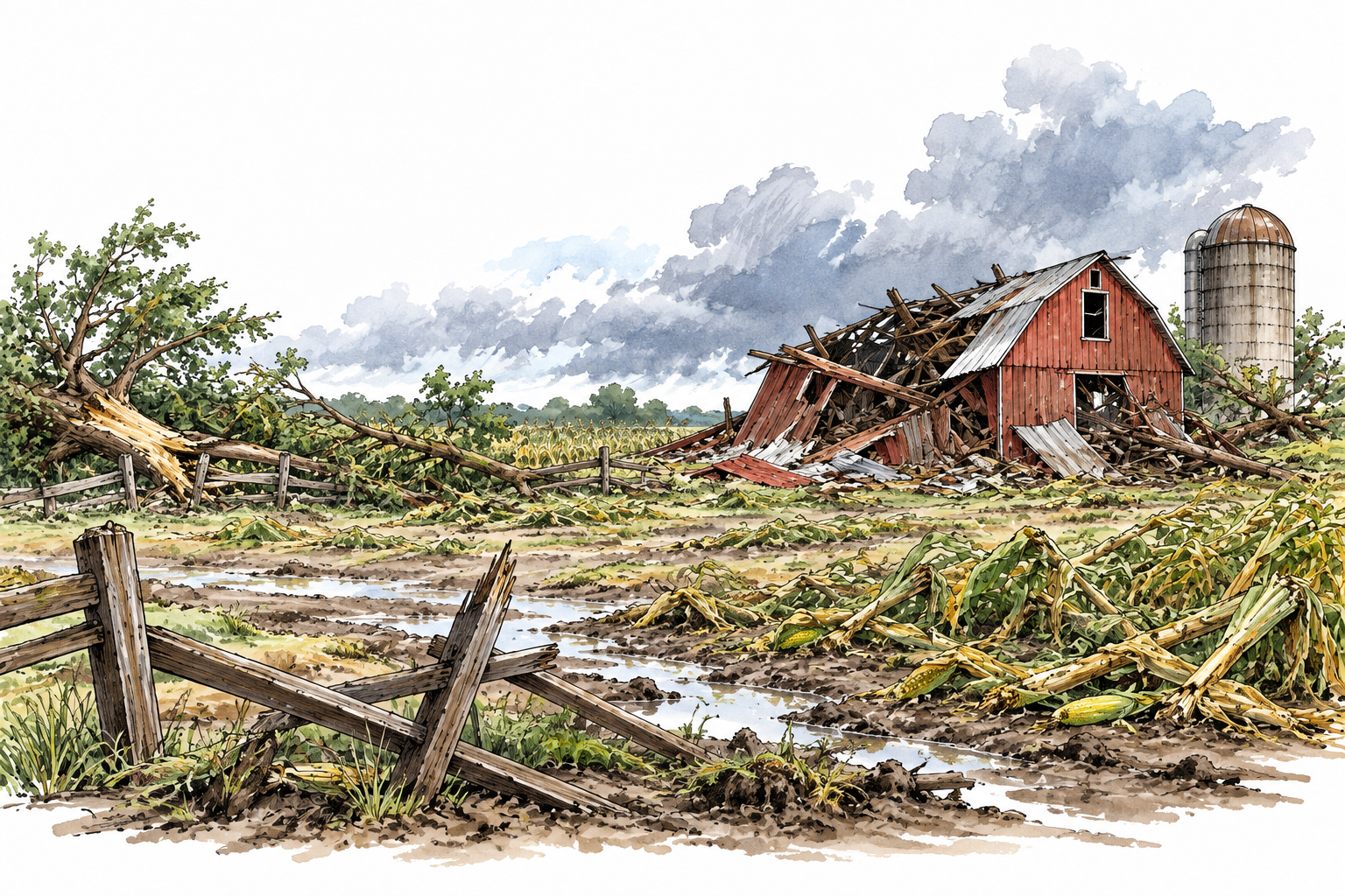 Once thriving farm now entirely wrecked by storm, collapsed barn and ruined crops, no people harmed.