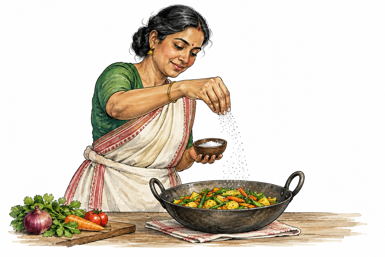 South Asian cook scatters fine salt particles over vegetables from fingertips.