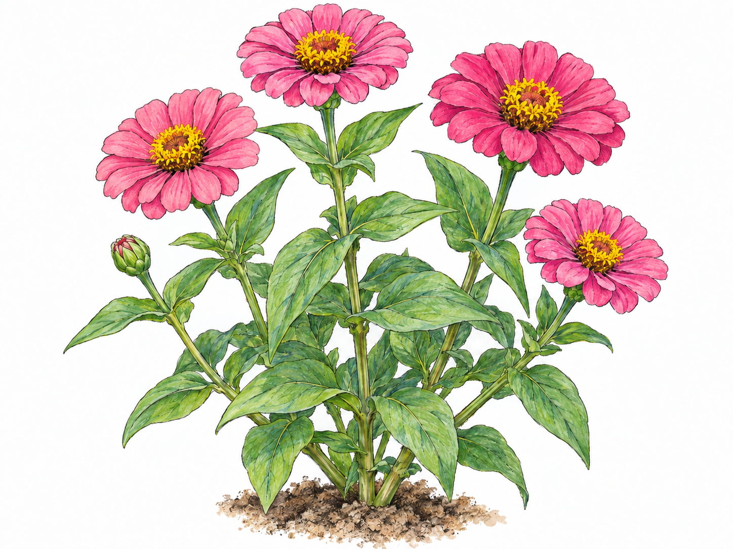 A small flowering zinnia plant with vivid pink, orange and red daisy-like flower heads, upright branching stems and paired broad leaves, growing in a minimal patch of garden soil.