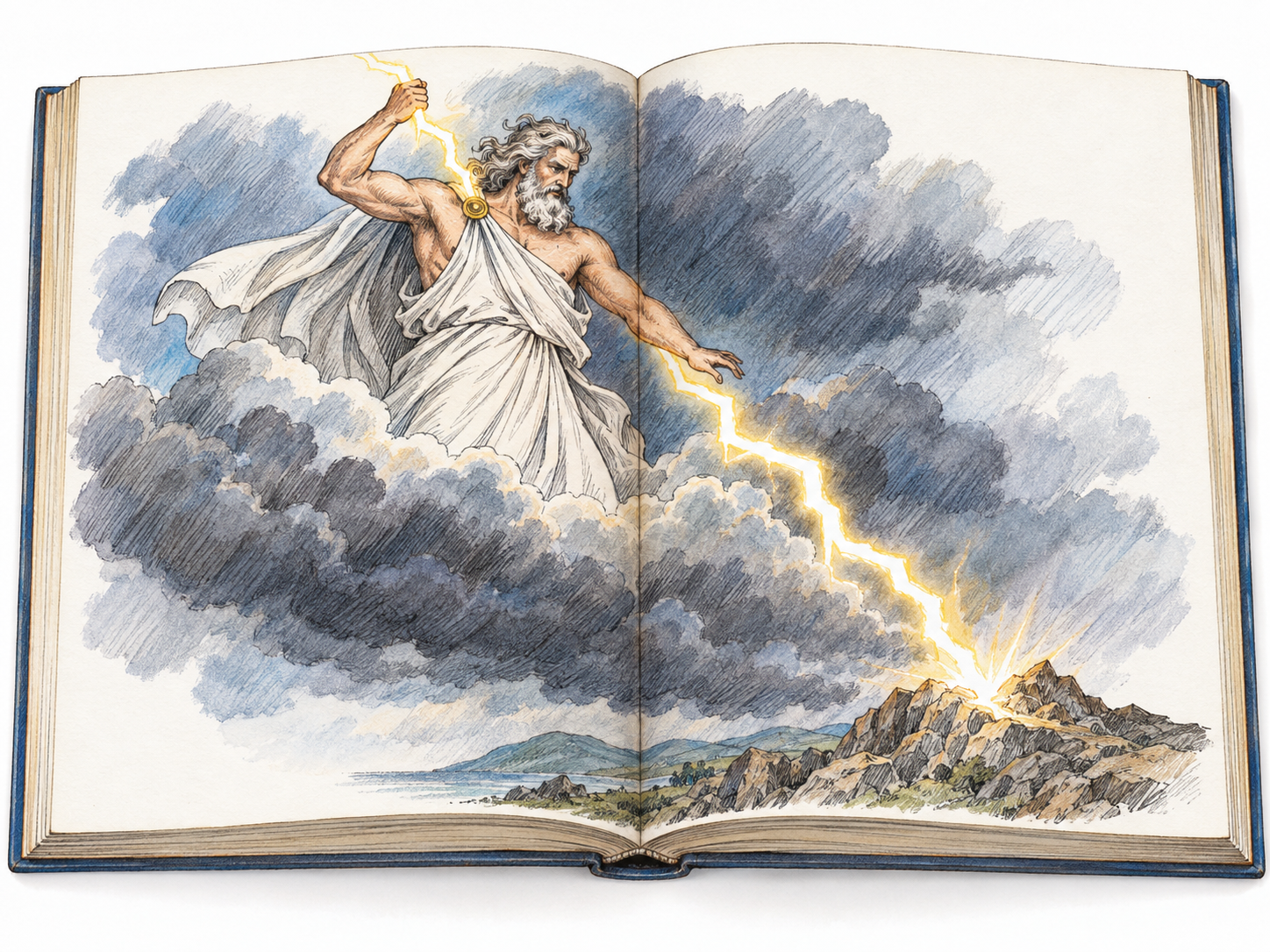 An open, wordless illustrated storybook depicts Zeus casting a lightning bolt from a cloud toward the earth, presenting a recognizable traditional explanation for a natural event.