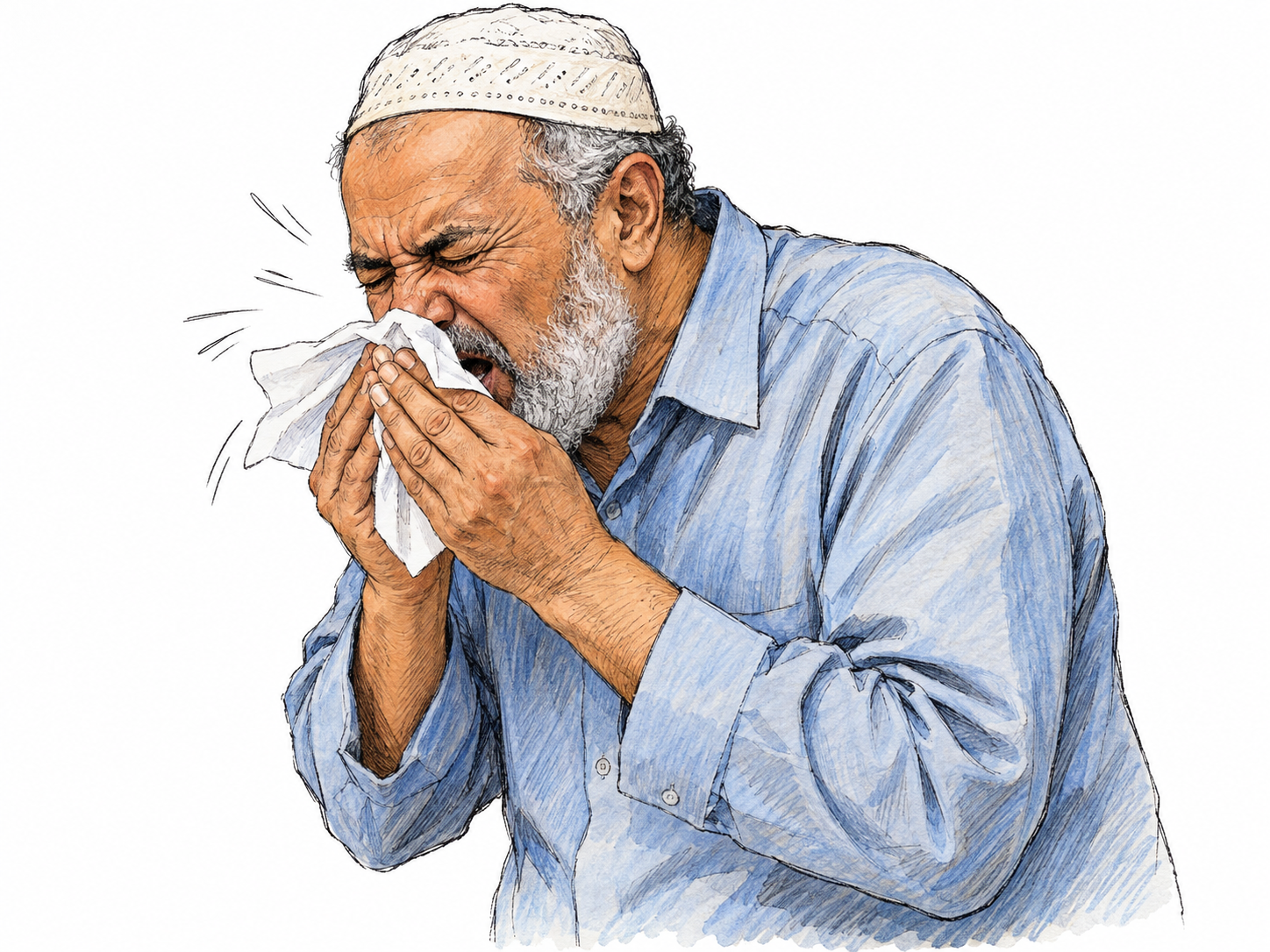 An older man caught mid-sneeze into a plain tissue, eyes squeezed shut and shoulders abruptly hunched, with a few small pen motion strokes conveying the involuntary burst.