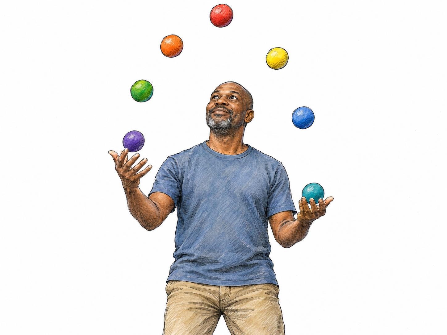 A highly skilled juggler effortlessly controls seven balls, making exceptional ability visible through a demanding, coordinated action.