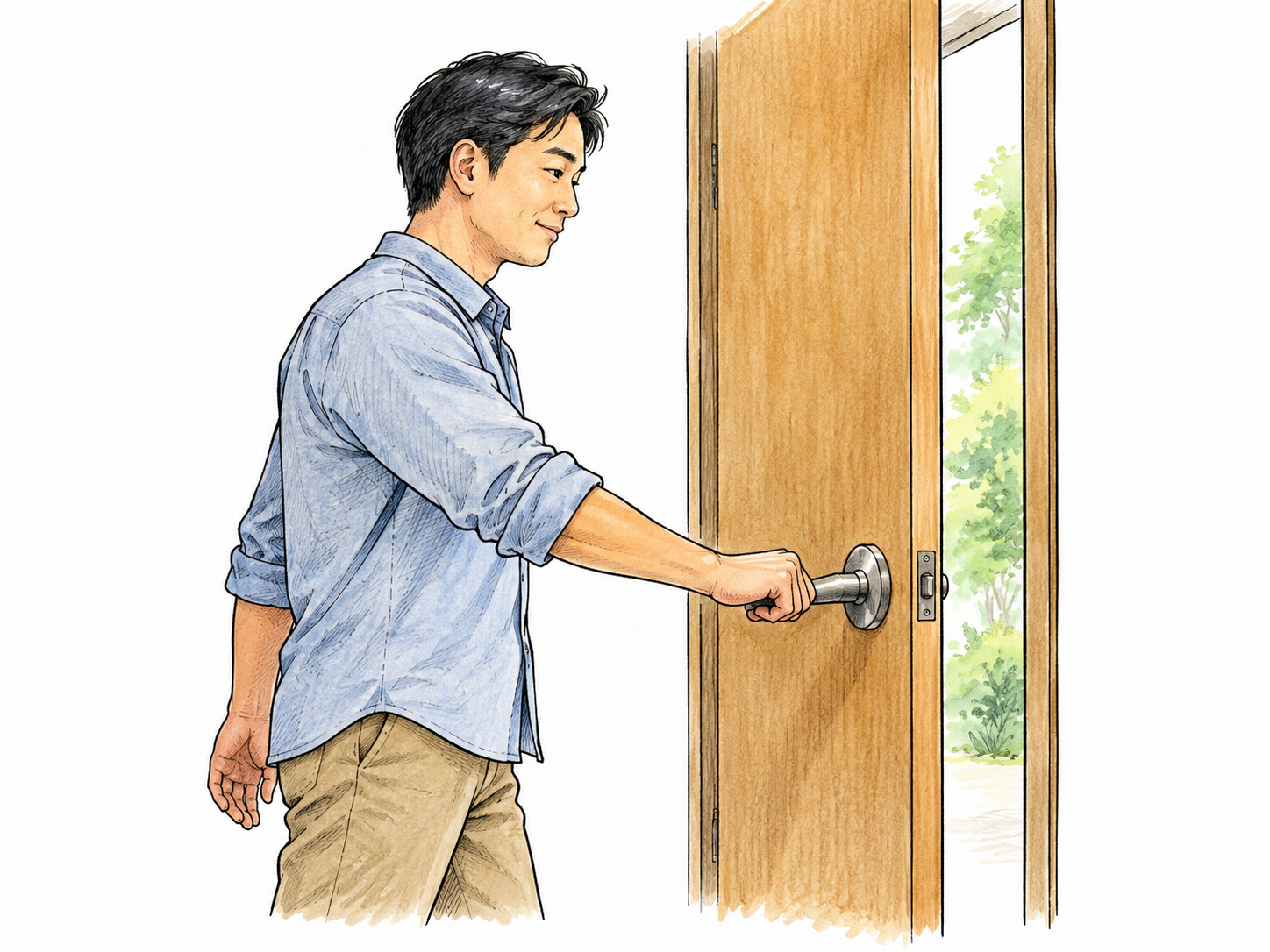 A person effortlessly operates a simple lever-style door handle on first approach; hand naturally pushes lever down and door opens, no instructions needed.