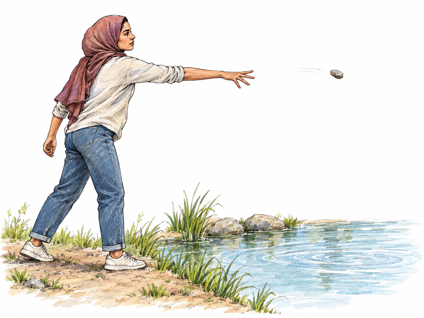 A young woman casts a small stone outward across a pond, shown just after release with her throwing arm extended and the stone airborne over the water.
