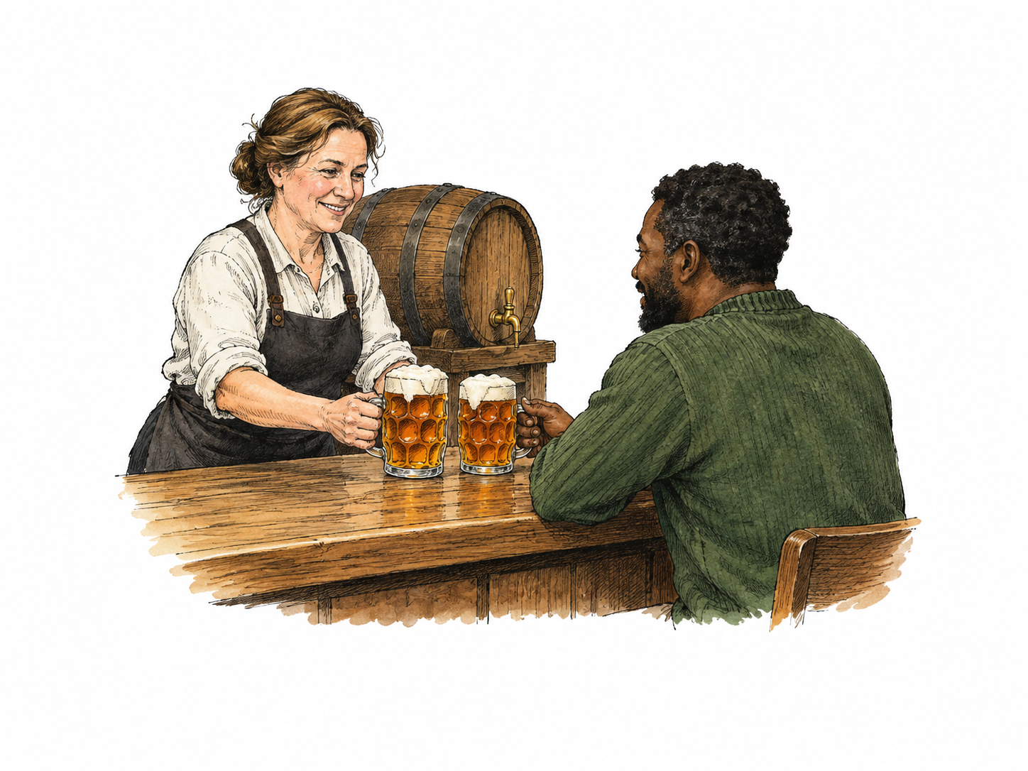 Inside a compact traditional public-house vignette, a bartender serves two foaming mugs of amber ale across a plain wooden counter to one adult patron.