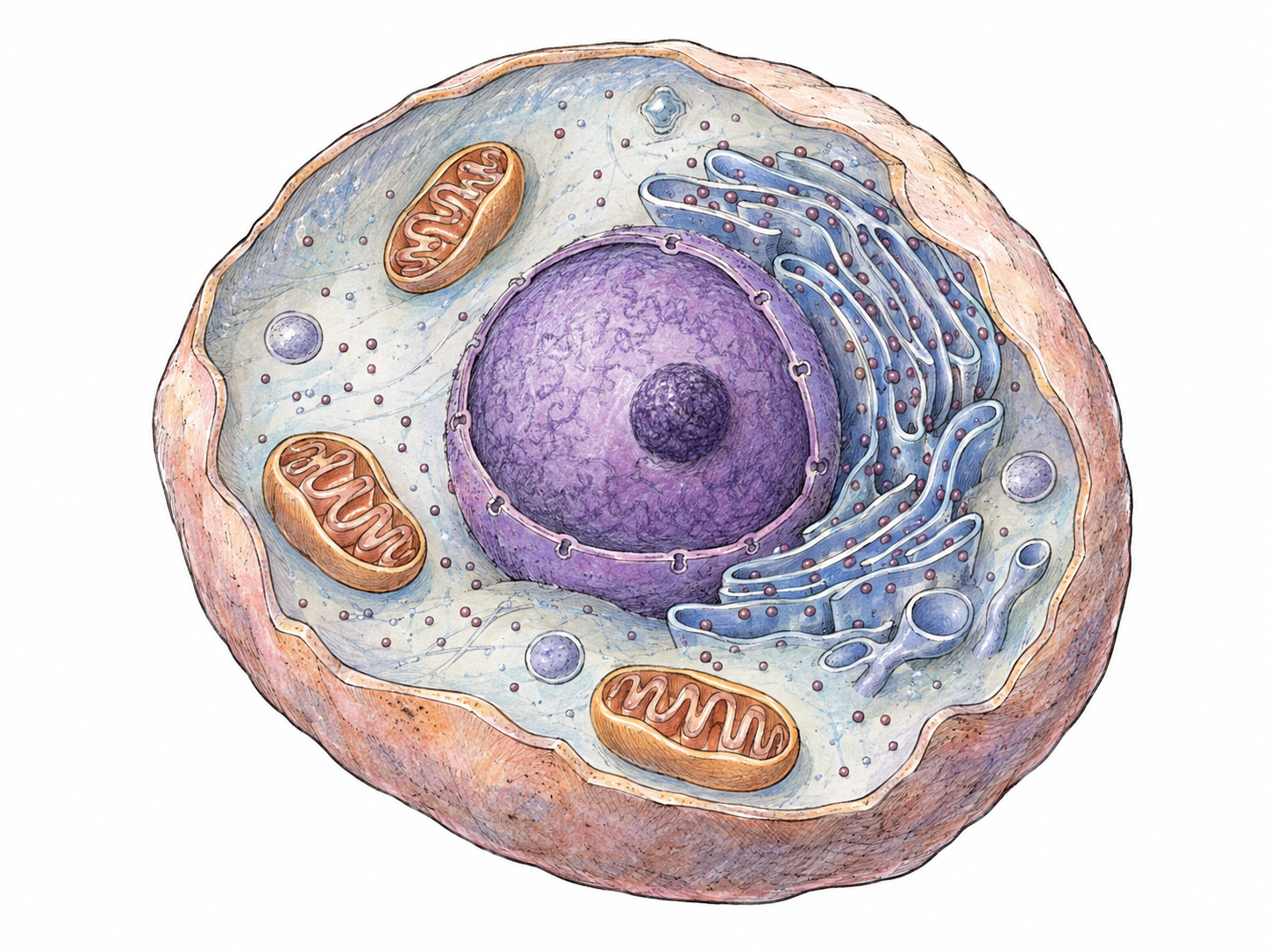 A single cutaway animal cell with its large, rounded nucleus clearly visible near the center.